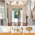 27'' Gold Chandelier Chandelier for Dining Room with White Fabric Shades, 6-Light Modern Farmhouse Chandelier Adjustable Brass Pendant Light Fixture for Living Room Kitchen Entryway Foyer