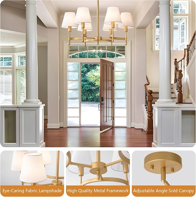 27'' Gold Chandelier Chandelier for Dining Room with White Fabric Shades, 6-Light Modern Farmhouse Chandelier Adjustable Brass Pendant Light Fixture for Living Room Kitchen Entryway Foyer