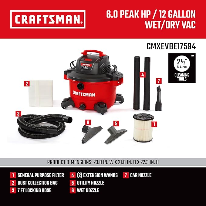 CRAFTSMAN CMXEVBE17594 12 Gallon 6.0 Peak HP Wet/Dry Vac, Portable Shop Vacuum with Attachments