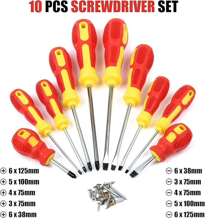 Magnetic Screwdriver Sets 10 PCS,Craftsman Screwdriver Set with Bag,Flat Head Phillips Screwdriver, Non-Slip Cushion Grip for Repair Home Improvement,Red & Yellow