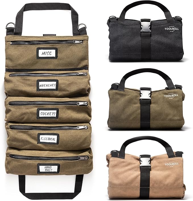 Official Legacy Tool Roll Bag - Easy to Carry 5-Pocket Roll Up Tool Bag - Durable Canvas, Rust-Proof YKK Zippers, Secure Buckle - A Loving Gift for Dads, Mechanics, Electricians & Hobbyists| ArmyGreen