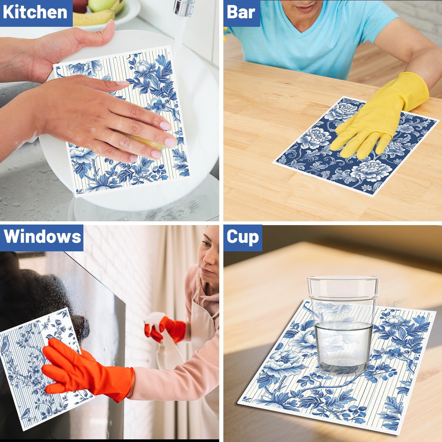 Blue Floral Swedish Dishcloths for Kitchen, 6 Pack Reusable Dish Paper Hand Towels Housewarming Gifts, Absorbent Dish Rags for Home Cooking Cleaning