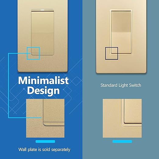 LIDER Minimalist Design Matte Finish Lighted Decorator Switch, Frameless Paddle Light Switch with Locator Light, Grounding Screw, 15A 125V, UL Listed, LS15-1P-GD5P, Gold, 5 Pack