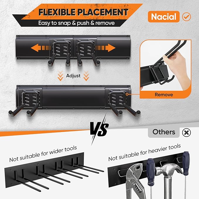 Garden Tool Organizer Wall Mount, 48 inches Tool Storage Rack with Adjustable Hooks, 600lbs Adjustable Heavy Duty Metal Hooks, Yard Shed Rack Holder System Hanging Rake Broom Mop, Father's day gifts