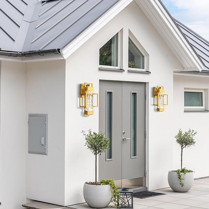 PARTPHONER Modern Outdoor Light Fixtures Dusk to Dawn Outdoor Lighting 2 Pack, 15" Exterior Wall Sconce Waterproof Outside Porch Light for House with Water Glass Black Brushed Gold