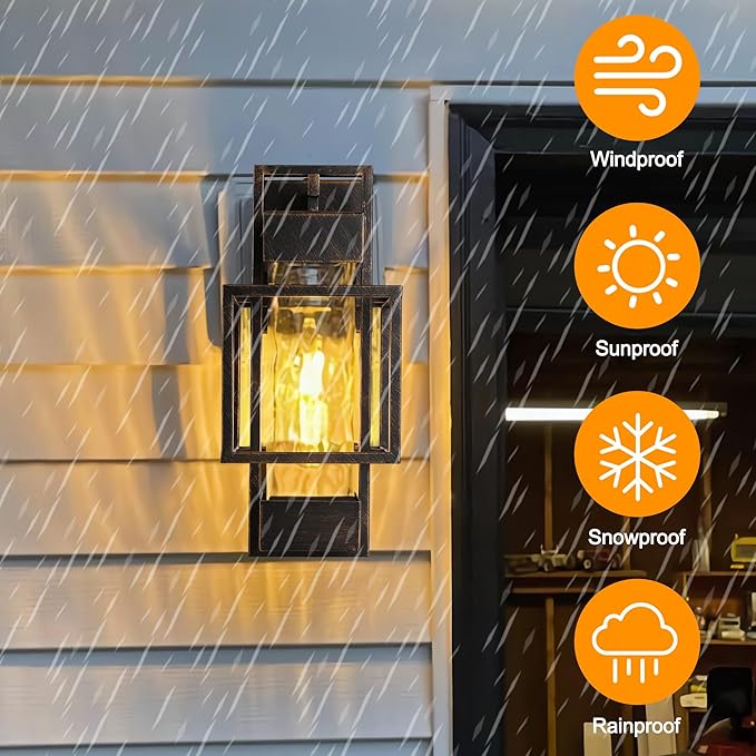 PARTPHONER Modern Outdoor Light Fixtures Dusk to Dawn Outdoor Lighting 2 Pack, 15" Exterior Wall Sconce Waterproof Outside Porch Light for House with Water Glass Black Brushed Gold