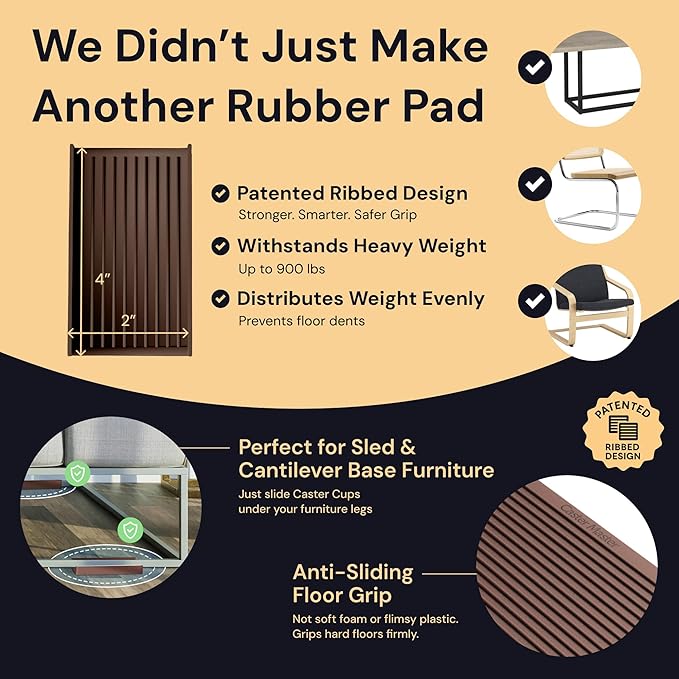 CasterMaster Anti Slip Furniture Pads Rectangular Rubber Caster Cups - 2 x 4 in Brown Pack of 4 - Non Slip Floor Protectors for Chairs & Hardwood Floors - Quiet Rubber Feet