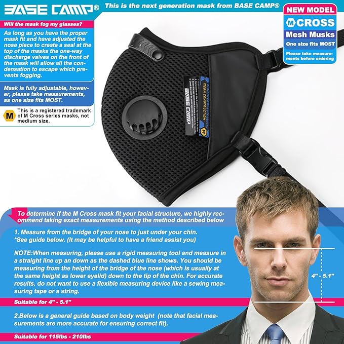BASE CAMP M Cross Dust Mask, Reusable Breathable Comfortable Safety Face Mask for Work with Extra 6 Activated Carbon Filters