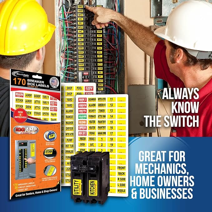 170 Circuit Breaker Decals - 100 AMP Set - Vinyl Labels for Breaker Panel Boxes - for Home or Office, Apartments and Electricians - Place on Directory, Switch or Fuse - Bright “Easy Read” Color.
