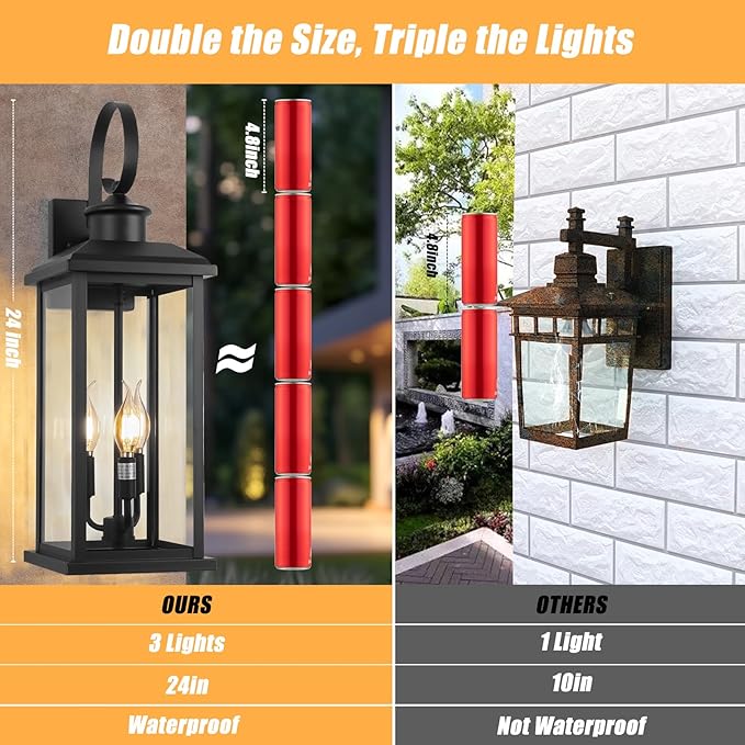 24" Extra Large Outdoor Wall Light Fixture 2-Pack, Black 3-Light Modern Porch Lantern, Waterproof Exterior Lighting Sconce Wall Mount, Outside Lamp for House Garage Patio E12 Base