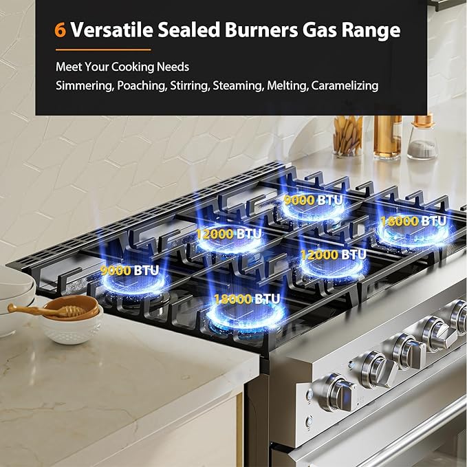 Empava 36 Inch Gas Range with 6.0 Cu. Ft. True Convection, 18,000 BTU Power Searing, 6 Sealed Burners, Convertible NG/LP, Stainless Steel Stove with Oven, CSA Certified