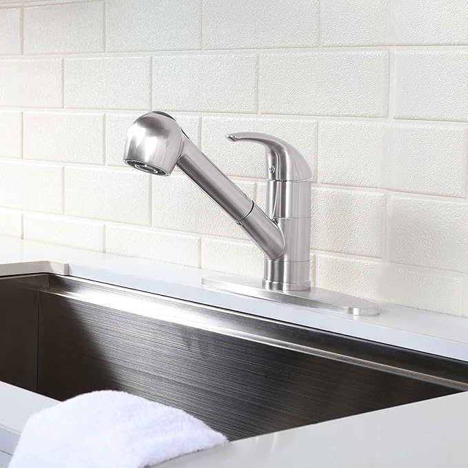 Comllen Commercial Pull Out Kitchen Faucet Brushed Nickel, Stainless Steel Single Handle Small Kitchen Sink Faucet, Single Hole Low Kitchen Faucets with Sprayer, Deck Plate