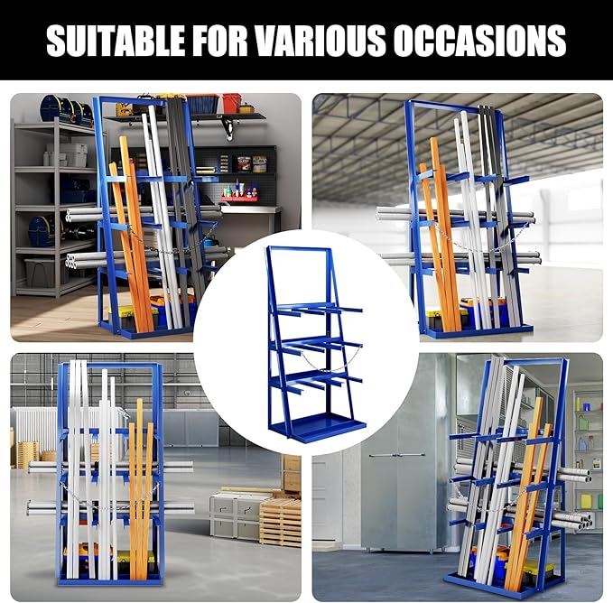 Vertical Bar Rack, 3000 LB Capacity, Steel Bays Long Parts Storage Rack, Lumber and Metal Garage Organizer, Heavy Duty Pipe Organizer Shelf With Chain for Garage Basement Pantry