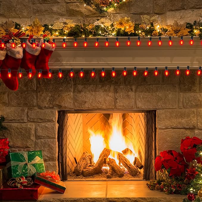 25 Pack C9 Ceramics Red Christmas Light Bulb for Indoor/Outdoor Patio, Halloween Party String Lights, 7 Watt Red Night Light, C9/E17 Intermediate Base