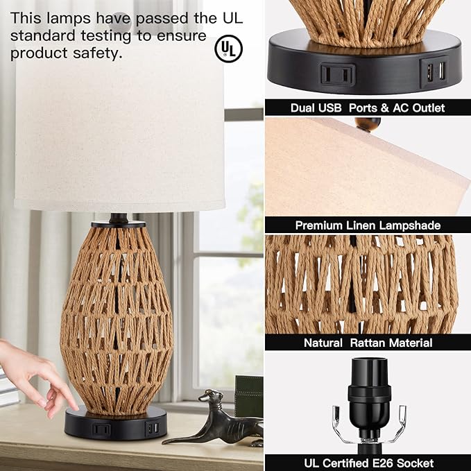 Touch Control Rattan Table Lamps, 3 Way Dimmable Bedside Lamps for Bedroom Set of 2 with 2 USB Ports and AC Outlet, Wicker Nightstand Lamps for Living Room (LED Bulbs Included)