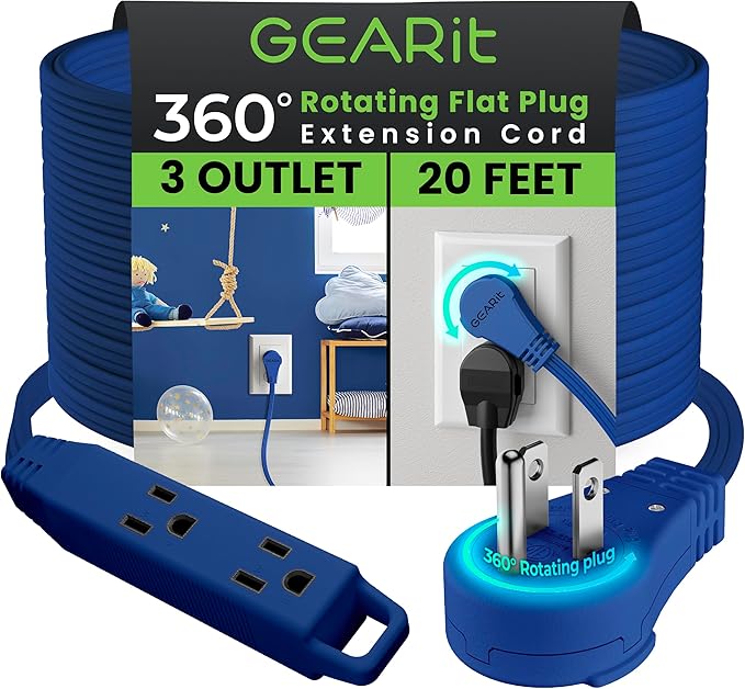 GEARit 360 Rotating Flat Plug Extension Cord with 3 Outlets (20ft, Navy) 16AWG/13A 3 Prong Wire, Outlet Saver for Home Office Dorm Room Essentials, ETL Certified