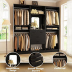 Unikito 75 Inch Walk in Closet System with 4 Drawers, 6.3FT Closet Organizer with Hanging Rods and Mirror Design, Reversible Large Closet Wardrobe with Shelves, Adjustable Closet Tower, Black
