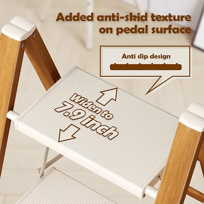 Taranta 2 Step Ladder,Aluminum Lightweight Folding 2 Step Stool with Anti-Slip Wide Pedal, 330lbs Capacity Step Ladder for Household,Kitchen,Office - White Woodgrain