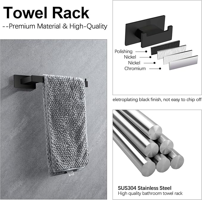 4-Pieces Bathroom Hardware Accessories Set, Towel Rack Towel Bar Toilet Paper Holder Towel Hook Self Adhesive Stainless Steel Towel Rack Set for Bathroom Wall Mounted, Matte Black 23 Inch