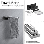 4-Pieces Bathroom Hardware Accessories Set, Towel Rack Towel Bar Toilet Paper Holder Towel Hook Self Adhesive Stainless Steel Towel Rack Set for Bathroom Wall Mounted, Matte Black 16 Inch