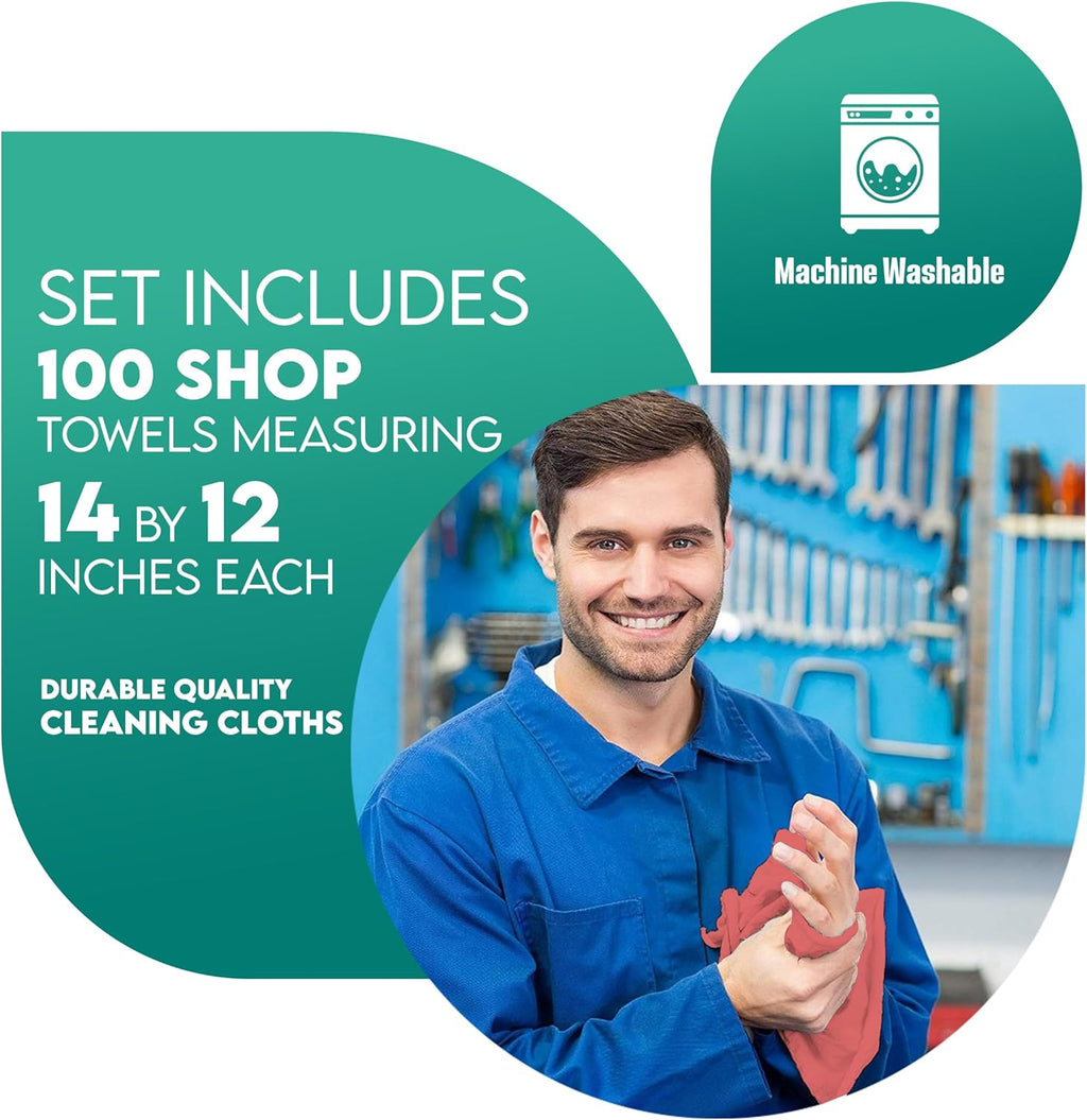 ZUPERIA Cotton Shop Towel – Multipurpose Cleaning Cloths (14" x 12" - Pack of 150 - Red) Reusable Shop Rags for Automobiles, Industrial, Restaurants, Garage, and Homes