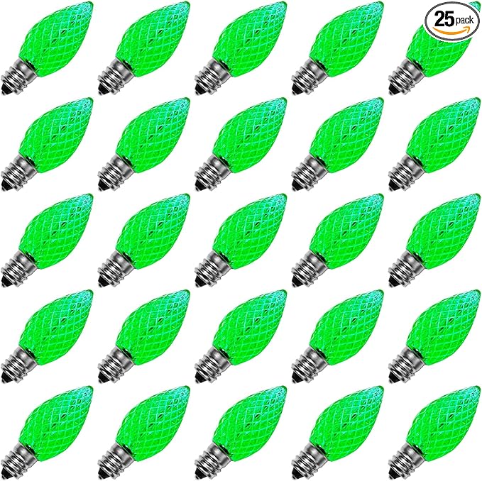 Meconard C7 Led Replacement Christmas Light Bulbs, C7 Shatterproof Led Bulbs for Christmas Indoor Outdoor String Lights, E12 Candelabra Base, Commercial Grade Holiday Light Bulbs, Green, 25 Pack