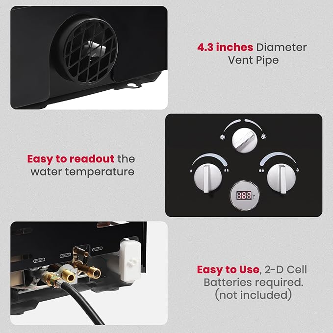 GASLAND Outdoors 16L Propane Tankless Water Heater 4.22GPM, On Demand Propane Hot Water Heater for Off Grid, Adjustable Temperature, Overheating Protection, Easy to Install, Black