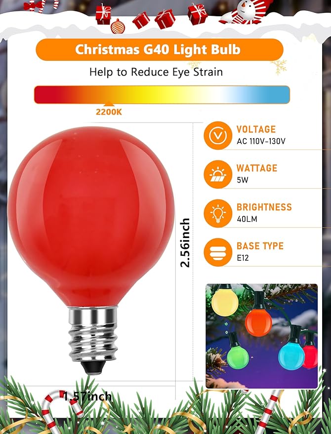 Multicolor G40 Christmas Replacement Light Bulbs, 25 Pack G40 5W Incandescent Bulbs, C7/E12 Candelabra Base for Chandelier, Ceiling Fan Light, Decorative Vanity Lights