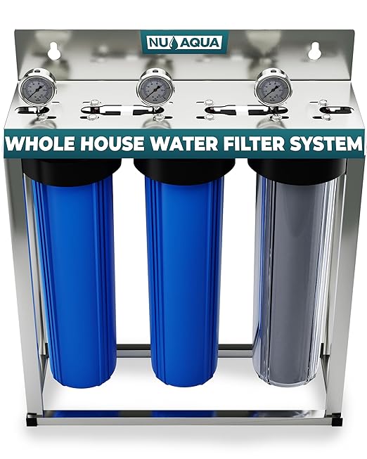 Nu Aqua 3-Stage Whole House Water Filter System with Pressure Gauges - 20” x 4.5” Home Water Filtration System - Sediment, Granular Carbon, Carbon Block Filters - Main Line Home Water Filter System