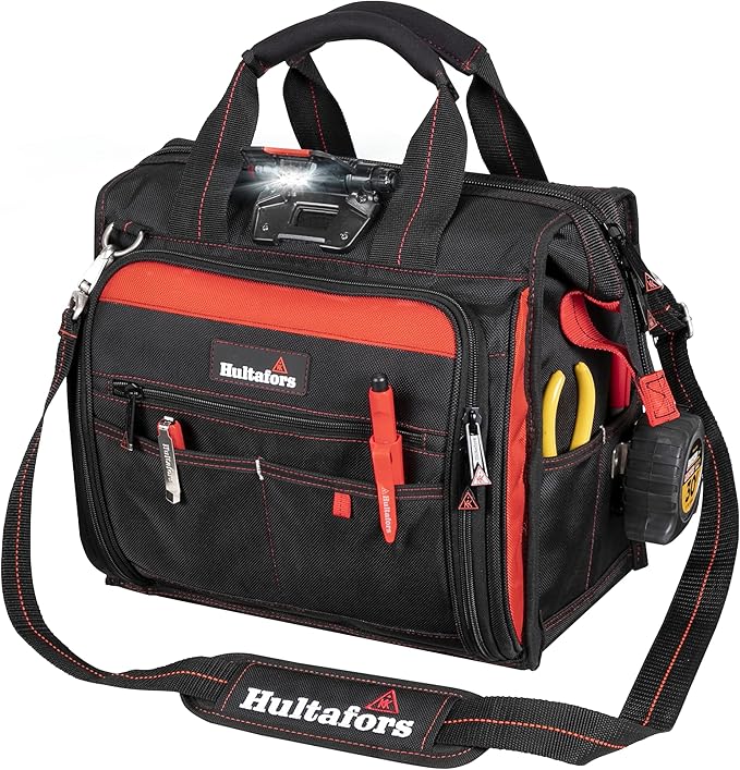 Hultafors Work Gear HTL573 Lighted Technician's Tool Bag, 55 Pockets, Heavy Duty Ballistic Polyester Tool Carrier, Adjustable Swivel Light, Large Center Compartment