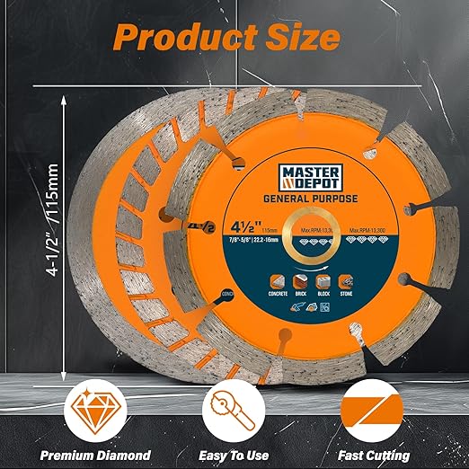 4-1/2" Diamond Blade Set for Concrete, Masonry and Tile Cutting, with Continuous/Segmented/Turbo Rims, for Dry & Wet Cutting with Angle Grinder & Circular Saw, 3 PCS