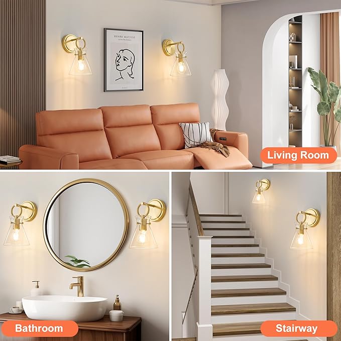 Gold Wall Sconce 1-Light Hardwired Wall Mount Modern Farmhouse Vanity Light Fixtures with 6 Inch Clear Glass Shade, Wall Lights for Bathroom, Bedroom, Living Room, Mirror, Kitchen, Lighting Lamp