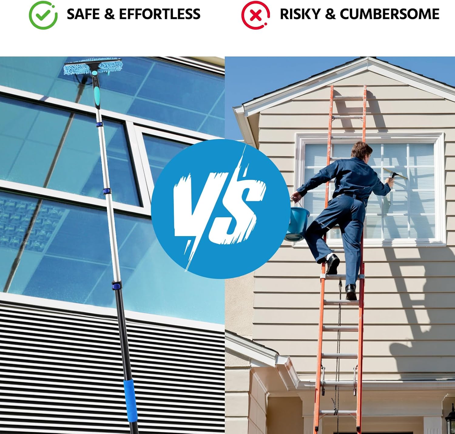 23FT High Reach Window Squeegee & Cobweb Duster with Extension Pole, 2 in 1 Squeegee for Window Cleaning with Lightweight 4-16.5 ft Telescoping Pole, Spider Web Brush with Pole for Outdoor Indoor Car