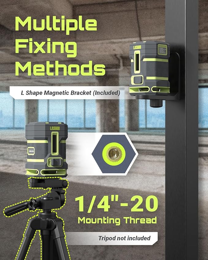 LASGOO Green Laser Level Self Leveling, 360° Horizontal Laser with Vertical Laser Line, 4 Brightness Levels Pulse Mode for Floor Tile Wall Construction, L-Bracket, Batteries and Carry Bag Included