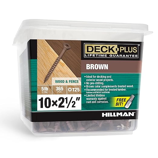 Deck Plus 2-1/2 Inch Epoxy Coated Exterior Wood and Fence Screws #10 x 2-1/2" Torx/Star Drive Included Coarse Thread, Outdoor Rust Resistant Decking Screw, Brown, 5 lb Box, 365 Pieces | 49007