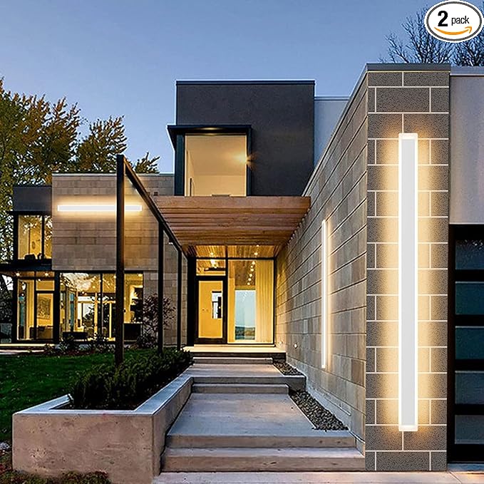 Outdoor Lights 2 Pack,Modern Outdoor Wall Light Fixture Long Strip White LED Wall Sconces IP65 Anti Rust Warm Light 3000K Exterior Wall Mount Lights for Entrance, Hallway, Garage, Porch
