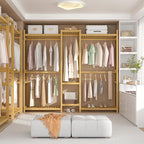 Homykic Bamboo Closet System Clothes Rack, Large Freestanding Garment Rack Clothing Rack for Hanging Clothes with 7 Storage Shelves and 5 Rods, Open Wardrobe Organizer with 4 Hooks, Natural