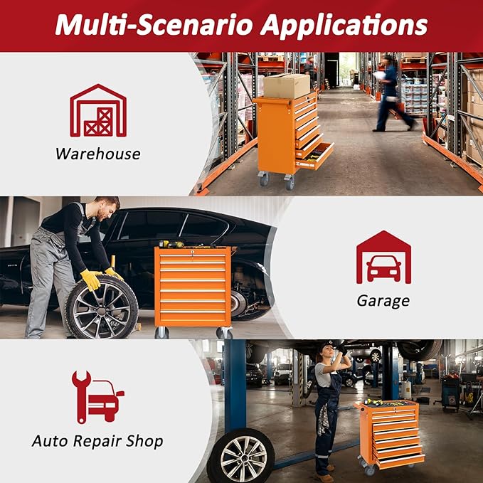 7 Drawers Rolling Tool Chest with Wheels, Portable Rolling Tool Boxes with Wheels, Tool Box Storage Cabinet with Locking System for Workshop(Orange, 7 Drawers)