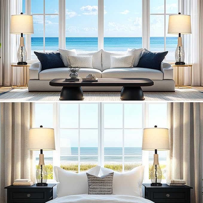 28" Tall Coastal Table Lamps Set of 2, Glass Black Modern Table Lamps with 3-Way Dimmable Touch Control Fairy Lights & Type-C Charging, Beach Nautical Bedside Lamps for Living Room Bedrooms End Table
