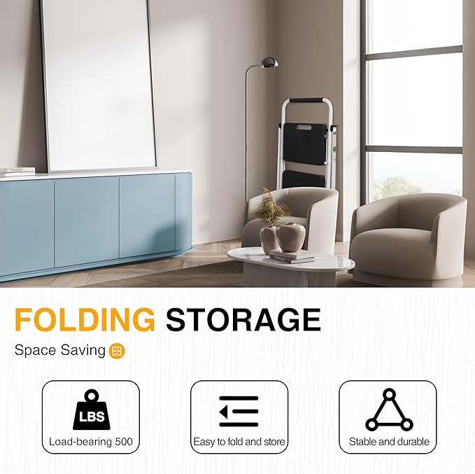 2 Step Ladder, Portable Steel Folding Step Stool with Wide Anti-Slip Pedal & Convenient Handgrip, 500lbs Sturdy Steel Ladder, White