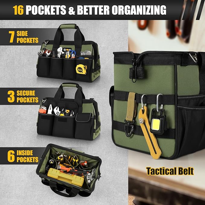 Heavy Duty Tool Bag 15-Inch, 16-Pocket Portable Empty Tool Box Organizer Storage, Toolbox Organization, Soft Handle Large Zipper Carrying Toolbag, Dad Men Mechanic Birthday Stocking Stuffer Gifts