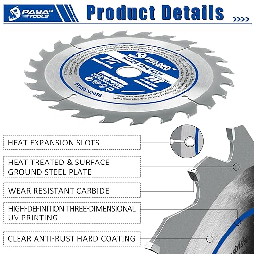 7-1/4-Inch 24-Tooth Circular Saw Blade, 0.063" Ultra Thin Kerf Blade 20mm Bore (16mm Reduction Ring Included), ATB Framing Blade for Wood Fast Cutting