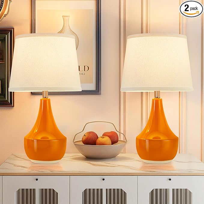 GyroVu Table Lamp Set of 2, Ceramic Table Lamp Classic Beside Lamps Nightstand Lamp Modern Table Lamp for Living Room, Bedroom & Office Rocker Swtich Orange-LED Bulbs Included