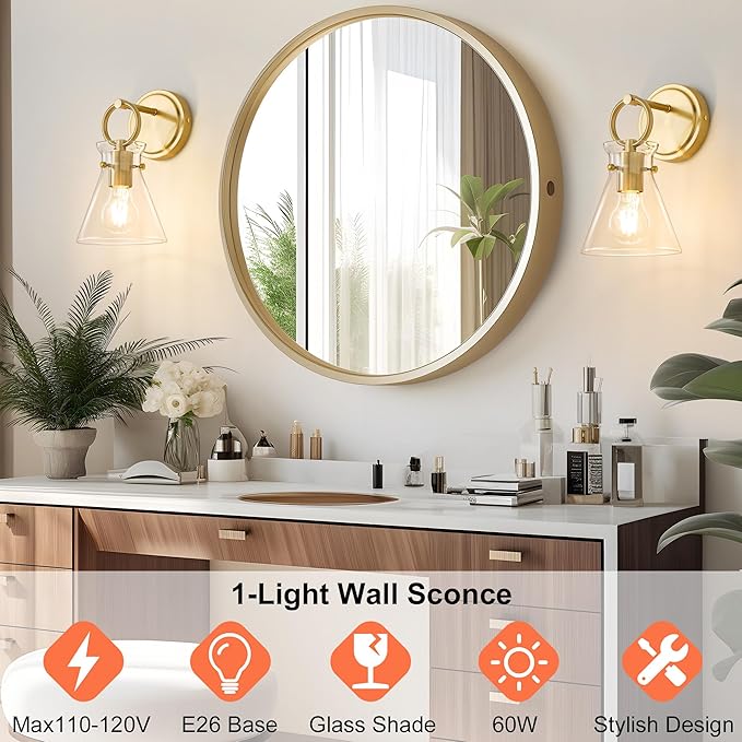 Gold Wall Sconce 1-Light Hardwired Wall Mount Modern Farmhouse Vanity Light Fixtures with 6 Inch Clear Glass Shade, Wall Lights for Bathroom, Bedroom, Living Room, Mirror, Kitchen, Lighting Lamp