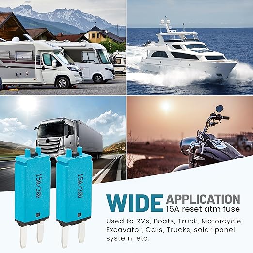 NuIth Manual Reset 15A Mini Fuse Circuit Breakers, E73 Low Profile ATM Circuit Breaker Blade Fuse DC 28V Resettable Standard Blade Fuses for Car Truck RV Marine (2PCS-15A)