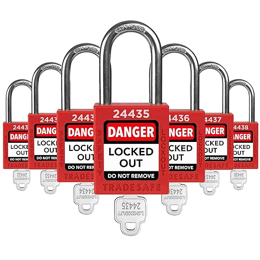 TRADESAFE Lockout Tagout Locks Set - 7 Red Loto Locks, Lockout Locks Keyed Different, 1 Key Per Lock, OSHA Compliant Lock Out Tag Out Padlocks, Safety Padlocks for Electrical Lockout Tag Out Kits