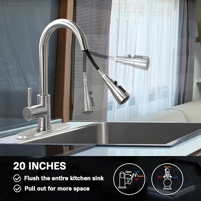 WEWE Single Handle High Arc Brushed Nickel Pull Out Kitchen Faucet,Single Level Stainless Steel Kitchen Sink Faucets with Pull Down Sprayer,Suitable for Laundry Rv Bar
