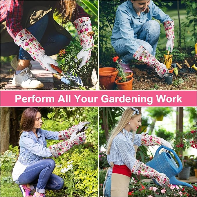 DLY Gardening Gloves for Women, Rose Gloves Gardening Thorn Proof, Long Garden Gloves for Women, Breathable Cowhide Leather Gauntlet(X-Large,White)