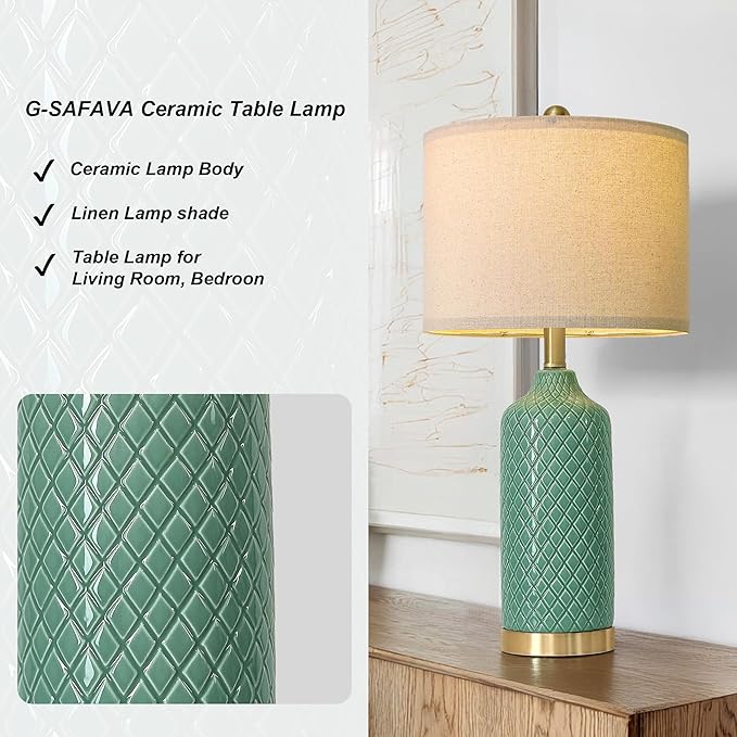 G-SAFAVA24.25 Modern Ceramic Green Table Lamps Set of 2 for Living Room, Farmhouse, Bedside, Bedroom, Side & End Tables Nightstand Light Home Office Desk Lamps Gifts