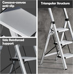 Taranta 3 Step Ladder, Portable Folding Ladder with Wide Pedal, Lightweight Aluminum Step Stool with Convenient Handgrip, 330 lbs Capacity Stepladder for Home, Office - Silver